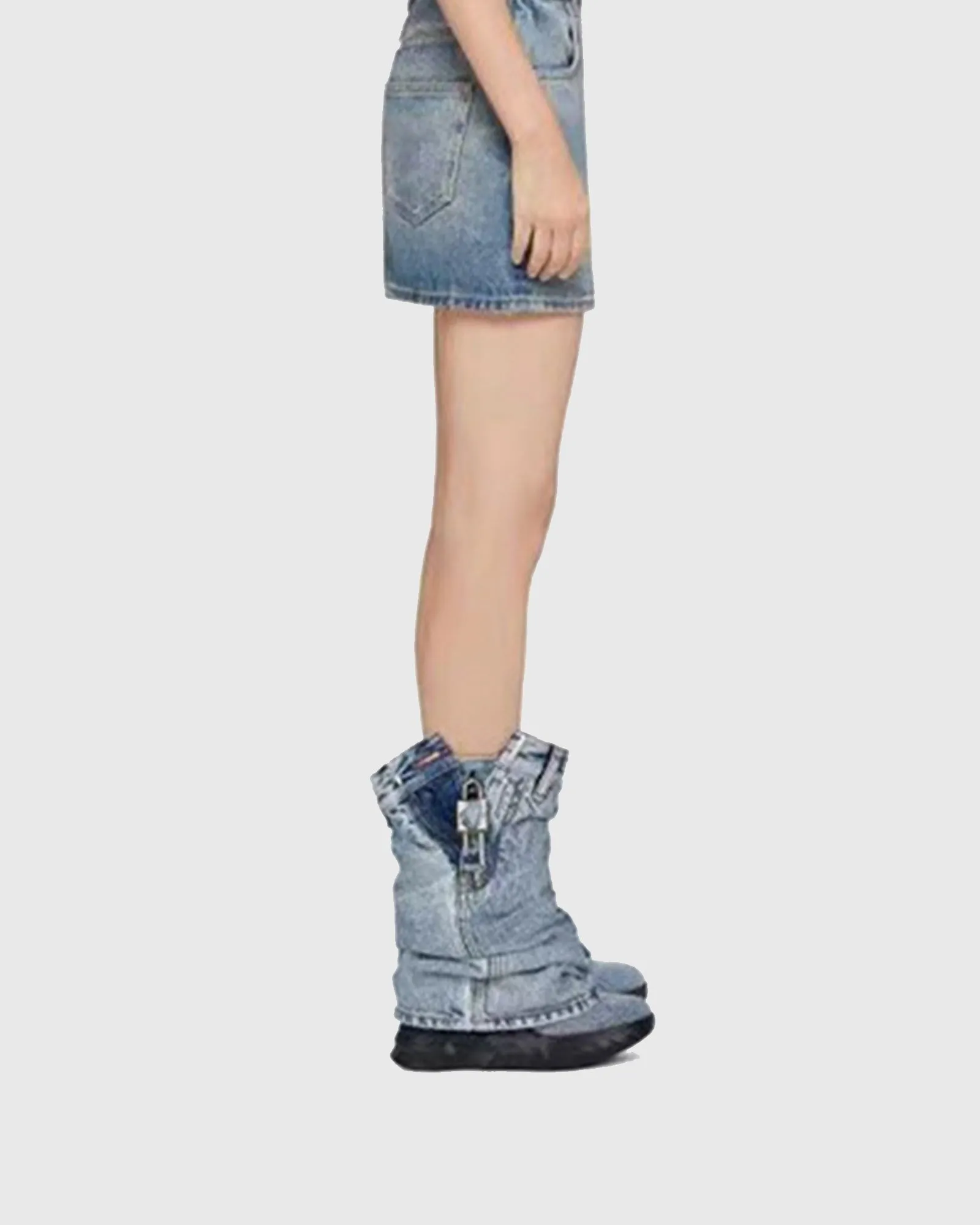 Zahida Ruched Jeans Tube Platform Mid Calf Boots In Blue